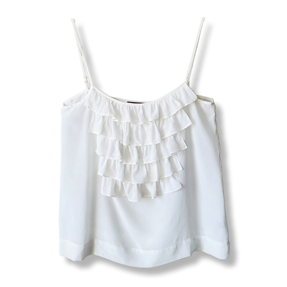 Women America 525 Ivory Silk Ruffle Cami Top M Ladylike Coquette Dainty Delicate